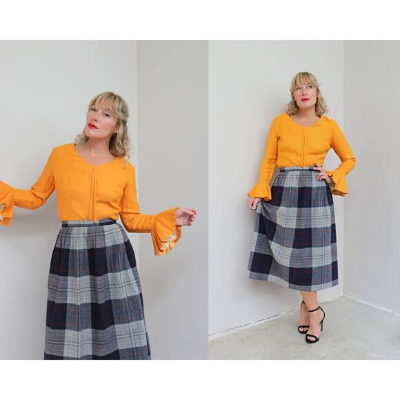 1970's Vintage Plaid Midi Fall Wool Skirt ~ Women's XS SM ~ 26" to 27" Waist 70s - Picture 1 of 9